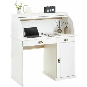 Idimex Bureau TOM avec volet roulant rangement 2 tiroirs et 1 porte avec étagère, en pin massif lasuré blancVendu parcdiscount