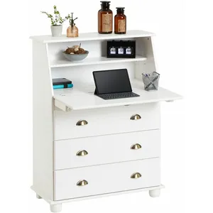 Bureau secrétaire - IDIMEX - GOMES - Pin massif lasuré blanc - Rangement avec abattant, étagère et 3 tiroirsVendu parcdiscount