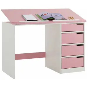 Idimex Bureau enfant écolier junior EMMA pupitre inclinable avec 4 tiroirs en pin massif, lasuré blanc et rose pas cher