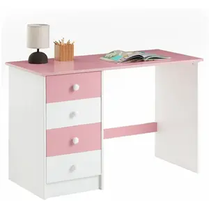 Idimex Bureau ARNE pour enfant ou adulte multi rangements, avec 4 tiroirs, en pin massif lasuré blanc et rose pas cher