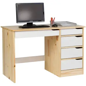 Idimex Bureau HUGO avec rangement 5 tiroirs style scandinave en pin massif vernis naturel et lasuré blanc pas cher