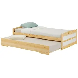 Idimex Lit gigogne LORENA 1 personne tiroir lit fonctionnel 90 x 190 cm pin massif recouvert d'un vernis naturel et blanc