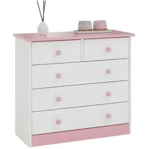 Idimex Commode de chambre RONDO meuble de rangement avec 5 tiroirs, en pin massif lasuré blanc et roseVendu parcdiscount