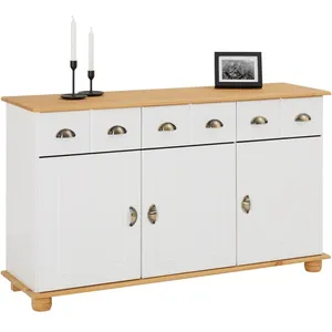 Idimex - Buffet colmar en pin massif, 3 tiroirs et 3 portes, lasuré blanc et brun pas cher