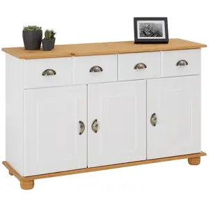 Idimex Buffet COLMAR commode bahut vaisselier meuble bas rangement avec 2 tiroirs et 3 portes, en pin massif lasuré blanc et brun pas cher