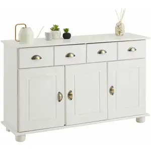 Idimex Buffet COLMAR commode bahut vaisselier meuble bas rangement avec 2 tiroirs et 3 portes, en pin massif lasuré blanc pas cher