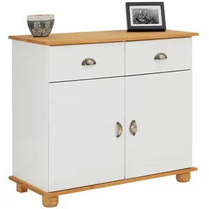 Idimex Buffet COLMAR commode bahut vaisselier meuble bas rangement avec 2 tiroirs et 2 portes, en pin massif lasuré blanc et brun pas cher