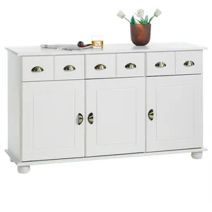Idimex Buffet COLMAR commode bahut vaisselier meuble bas rangement avec 3 tiroirs et 3 portes, en pin massif lasuré blanc pas cher