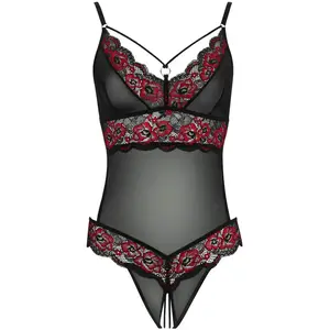 Cottelli Collection Kanten Stringbody Met Open Kruisje - Zwart/RoodVendu parbol