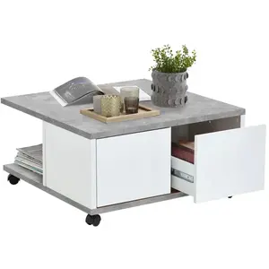 FMD Table basse mobile 70x70x35,5 cm Béton et blanc brillant pas cher