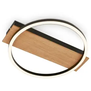 Kada Lampe de plafond led, décor bois, on/off, lumière blanche chaude, noir-bois, 34 x 30 x 6 cm - Briloner pas cher