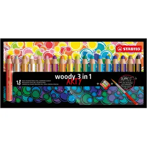 STABILO Woody 3 in 1 - Multi Talent Kleurpotlood - Etui Met 18 Kleuren + puntenslijper + penseel pas cher