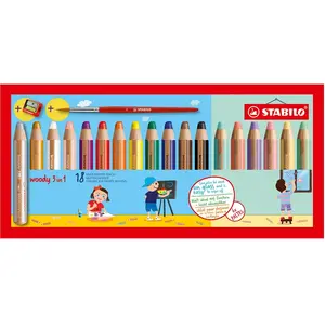 Crayons Multi Surfaces Woody 3 En 1 - Stabilo - Etui De 18 - Couleurs Vives, Métallisées, Pastel