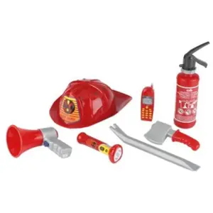 Klein Toys 7-delige brandweerset - brandblusser, zaklamp, koevoet, bijl, helm, mobiele telefoon, megafoon - incl. 0,5 L watertank - rood grijs pas cher