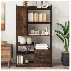 DREAMMESPACE Bibliothèque à 6 étagères 100x30x173.5cm, avec portes et tiroirs, style industrielle, étagère en acier, brun antique pas cher