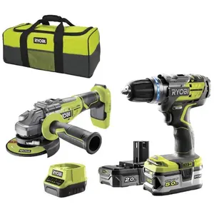 Ryobi - Pack Brushless perceuse-visseuse à percussion 18V One+ - Meuleuse d'angle 125 mm 18V One+ - 2 batteries 1 chargeur rapide R18CK2BL-252S pas cher