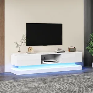 Pugsdrly Meuble TV brillant avec éclairage LED 2 tiroirs contrôle par ... pas cher