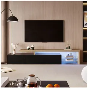 PERGAR Meuble TV 200 cmavec éclairage LED rangement aspect bois étagèr... pas cher