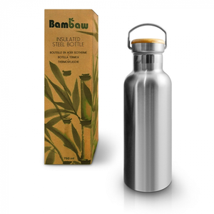 Bambaw® 750ml RVS Thermosfles - Isoleerfles, Dubbelwandig, Lekvrijen, loodvrij en Plasticvrij Geïsoleerde Fles met Bamboe Deksel voor Warme en Koude Dranken - Ideaal voor Reizen, Werk, Yoga, Wandelen en Dagelijks Gebruik - zilver