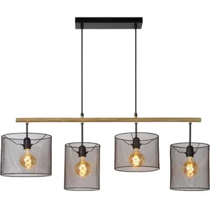 Lucide BASKETT-Suspension 4 lumières en bois et métal L107cm pas cher