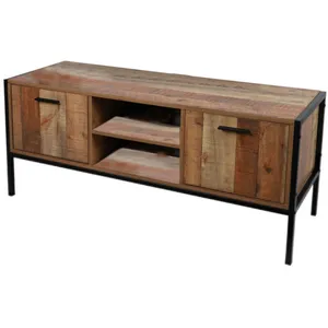 URBAN LIVING Meubles TV - Meuble TV en bois et métal avec 2 portes et 2 niches de rangement "Riverside" - Marron/noir - L 124 x P 40 x H 49 cm pas cher