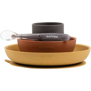 Nattou Set Repas en Silicone Pour Enfants, 4 pcs., Assiette + Bol Antidérapant, Sans BPA, Silicone, Orange/Rouge pas cher