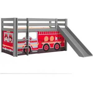 Vipack - PINO Lit mezzanine avec toboggan pin massif + Rideau de lit Firemen pas cher