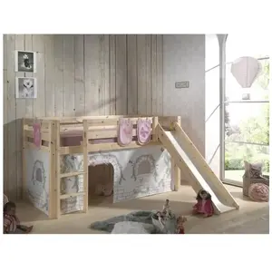 Lit mi-hauteur Astrid en bois de pin avec toboggan et tente Birdy - VIPACK - 90x200 cm - Blanc/Brun pas cher