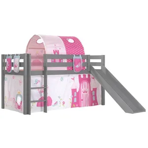 Vipack Vipack Lit Enfant Surlev Avec Toboggan Pino Gris + Rideau + Tunnel De Lit+ 3 Pochettes Princess pas cher