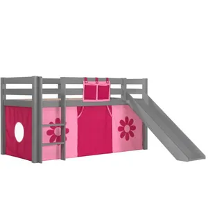 Lit mi-hauteur Astrid gris avec toboggan et tente fleurs - Vipack pas cher