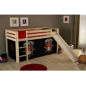 vipack Lit enfant mezzanine PINO Pirate 90x200 cm en pin massif + sommier + toboggan - Coloris nature