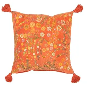 J-LINE Coussin Velours Design Fleurs Mexican 50x50cm Orange pas cher