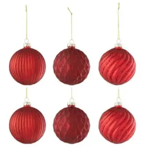 J-Line kerstbal Geribbeld & Geruit - glas - rood - small - doos van 6Vendu parbol