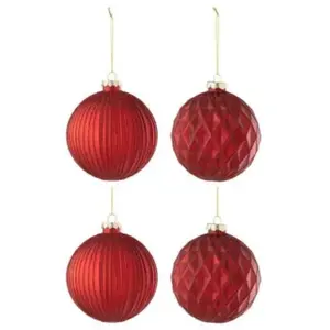 J-Line kerstbal Geribbeld/Ruit - glas - rood - large - doos van 4Vendu parbol