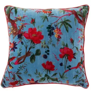 J-Line coussin Oiseaux/Fleurs - velours/coton - bleu pas cher