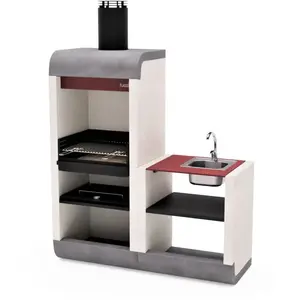 MAESTRO FERRETERO Tuozi - Barbecue de Construction à Bois et Charbon Modèle sud plus Module Support Évier et Robinet (Blanc, Gris, Rouge - 162 x 60 x 220 cm)