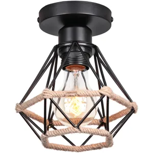WOTTES Plafonnier Industriel Vintage Luminaire Abat-jour Cage Lampe Suspension Métal Corde de Chanvre Ø16CM Noir E27 - 1PcsVendu parmanomano