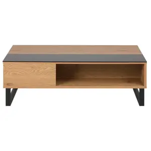 Actona Table basse Izzy composée dun cadre en métal noir dun panneau de particules en chêne sauvage et un tableau en verre noir. pas cher