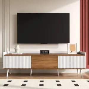 Meuble TV - MODERNLUXE - 160x39x49.5 cm - 3 portes - Blanc + Naturel - Aspect bois pas cher