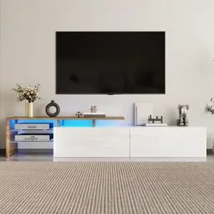 Meuble TV - MODERNLUXE - 170x33x33.5 cm - LED - 2 tiroirs - Étagères en verre - Blanc pas cher
