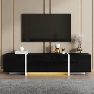 Meuble TV brillante - MODERNLUXE - 170x30x39 cm - Lumière LED - 4 portes et 1 tiroir - Noir pas cher