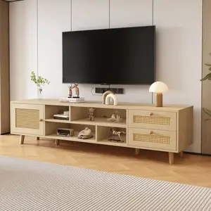 MODERNLUXE Meuble TV 160cm en rotin - Passage des câbles - 2 tiroirs - 1 porte - Décoration en rotin - style moderne - Naturel pas cher