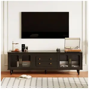 MODERNLUXE Meuble TV 175cm - poignées dorées - 4 portes + 2 tiroirs - avec portes en rotin et pieds en métal - noir pas cher
