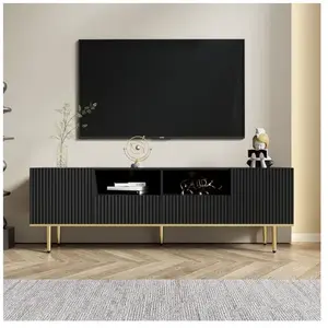 MODERNLUXE Meuble TV 165cm - moderne - pieds dorés et jante dorée - fonction de rangement - panneaux de particules - noir pas cher