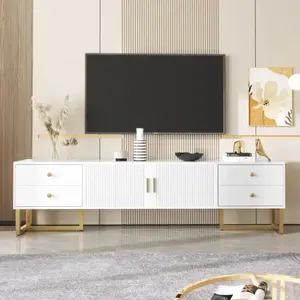 MODERNLUXE Meuble TV 175cm - moderne - pieds dorés et jante dorée - 4 tiroirs + 2 portes - panneaux de particules - Blanc pas cher