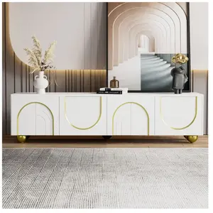 MODERNLUXE Meuble TV 170cm- moderne - avec étagères réglables - en panneaux de particules - Blanc & Doré pas cher