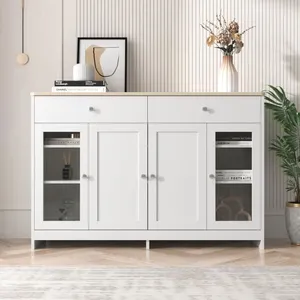 MERAX Buffet bahut - Armoire de salon - Armoire moderne - 4 portes 3 tiroirs - Portes en verre - Blanc - 120*37*80cm pas cher