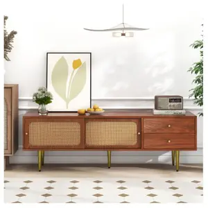 MODERNLUXE Meuble TV 160cm, rangement pour salon, avec 2 portes coulissantes en rotin et 2 tiroirs utilitaires, pieds en bois massif, marron pas cher