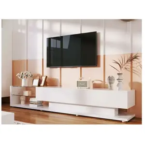 MODERNLUXE Meuble TV LED 170cm - Espace d'exposition en verre - 2 tiroirs - Style Contemporain - Blanc & Naturel pas cher
