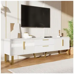 MODERNLUXE Meuble TV 170cm - aspect brillant - 4 portes texturées gravées avec poignées dorées - Blanc pas cher